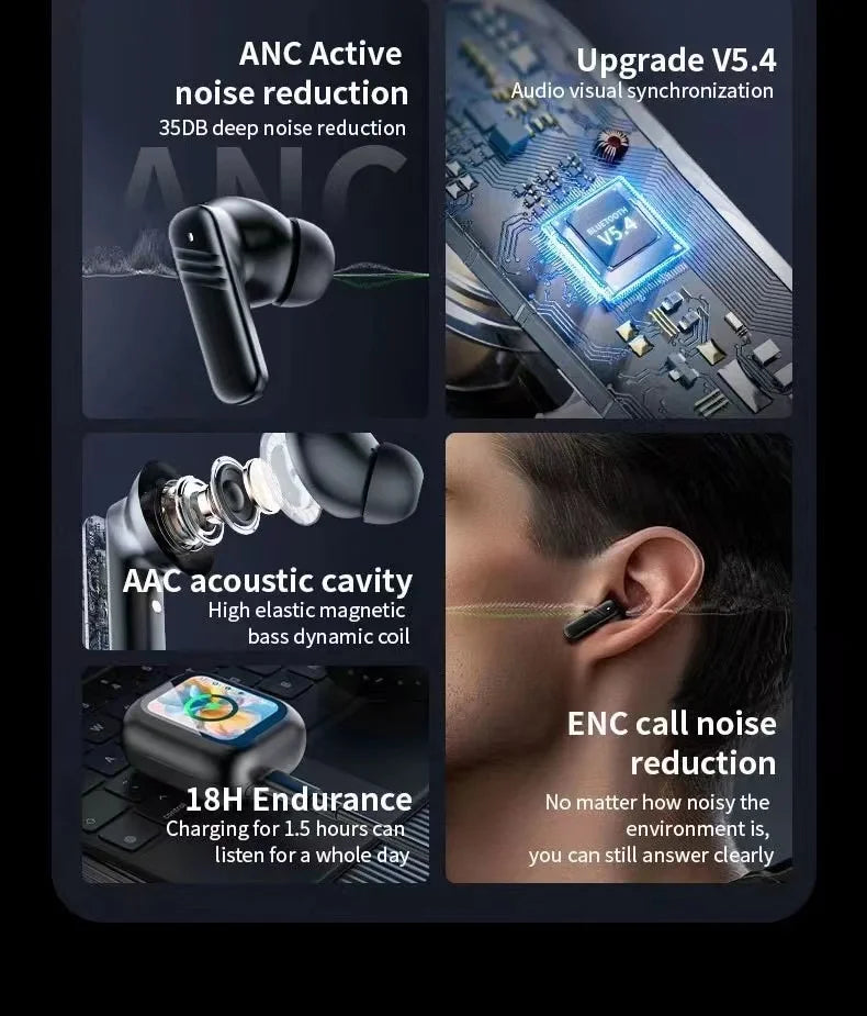 M6 Wireless Earbuds with LCD Touch Screen Charging Case ENC ANC BT 5.3 Hifi Stereo Sound Black/White Digital Display Earphones