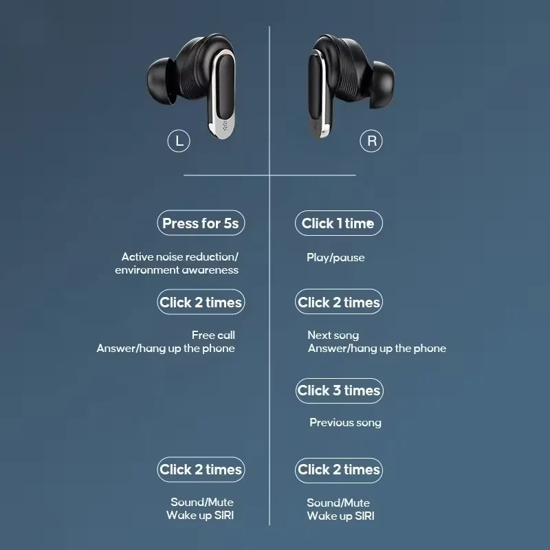 V8 TWS Wireless Earbuds 2024 Trending LCD Touch Screen Noise Cancelling Sport Headset Waterproof IPX-5 Touch Screen Earphones