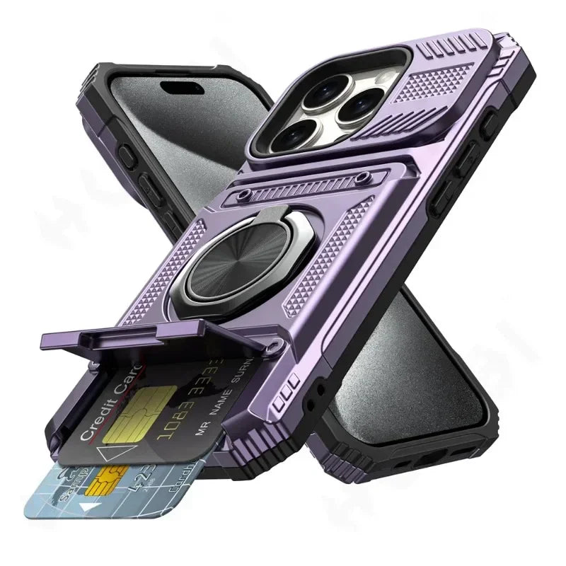 Heavy Duty Magnetic Rotated Ring Kickstand Wallet Cover for iPhone 16/15/14/13/12/11 pro Max XS XR 8 7 plus - Dual Layer Drop Protection Case