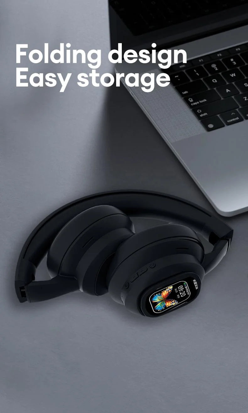 AI LCD Touch Screen Shock Bass Headsets HIFI Sound Wireless Bluetooth Headphones ANC Noise Reduction Gamer Earphones With HD Mic