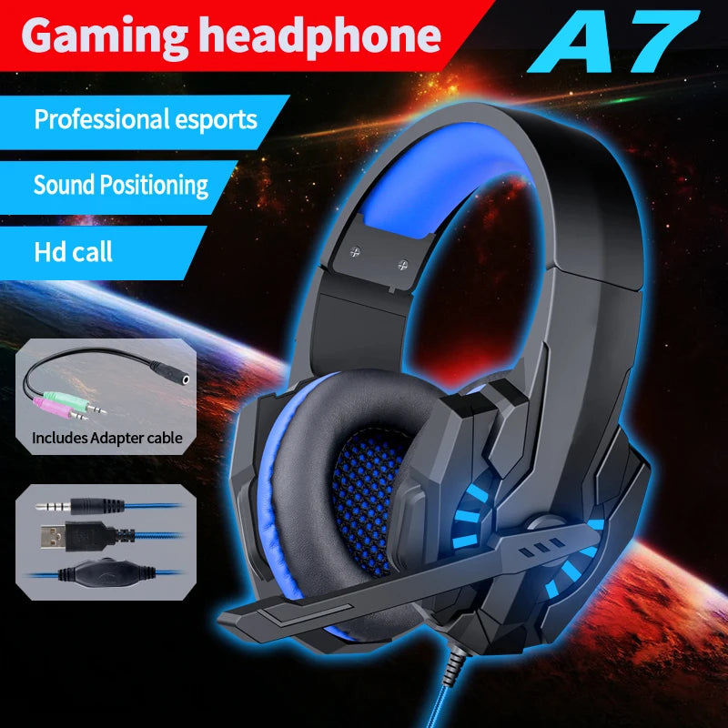 A7 Gaming Headset Deep Bass Stereo Wired Headphone Glowing Earphone with Mic for PS5 PS4 XBOX Laptop Computer Gamer Esports