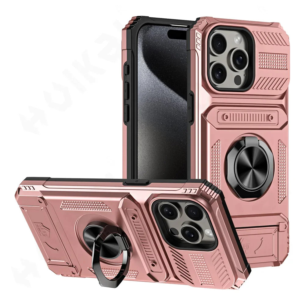 Heavy Duty Magnetic Rotated Ring Kickstand Wallet Cover for iPhone 16/15/14/13/12/11 pro Max XS XR 8 7 plus - Dual Layer Drop Protection Case