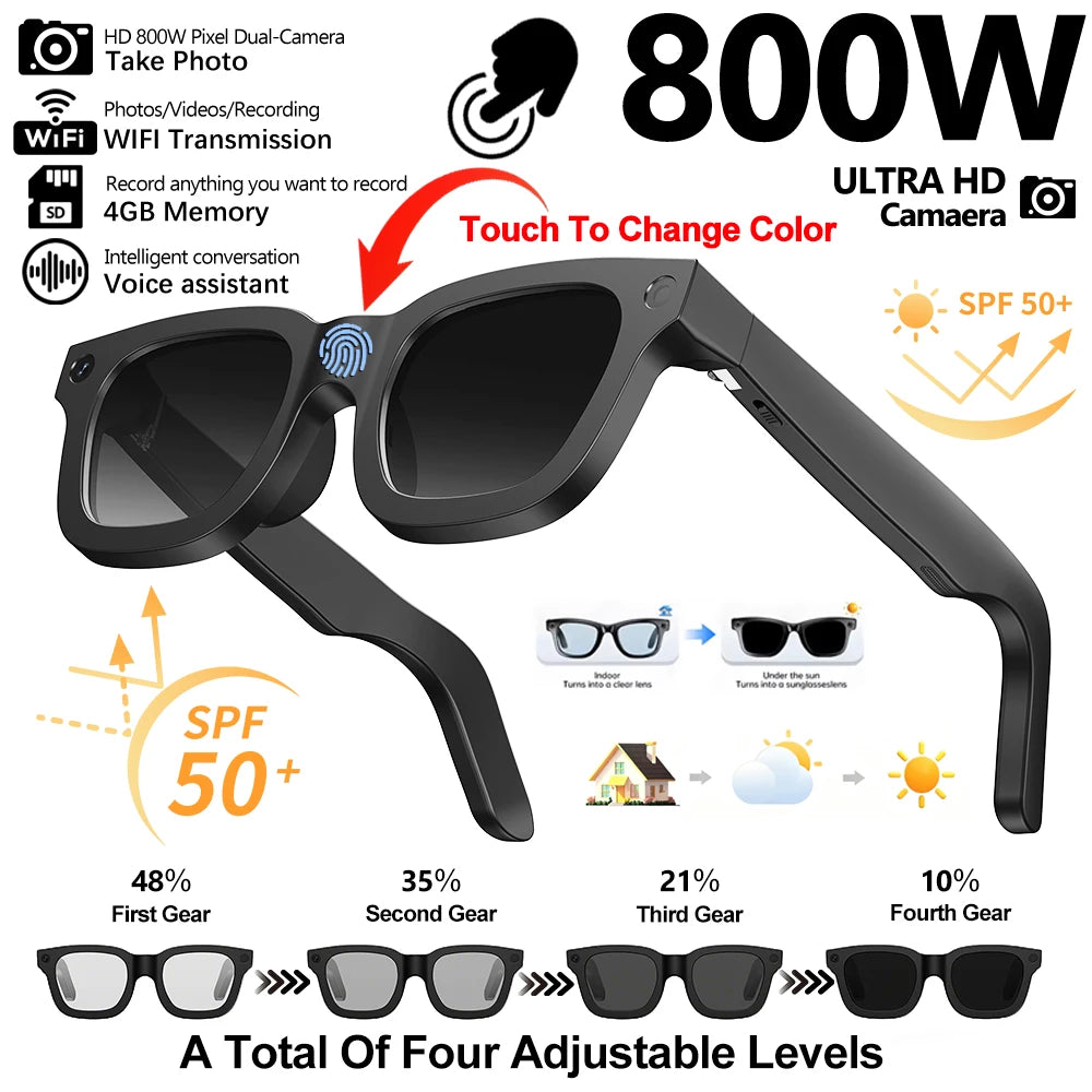 Smart Glasses 800W HD Photo Video AI Record Translation Touch Photochromic Lenses Bluetooth Call Music Multifunction Glasses