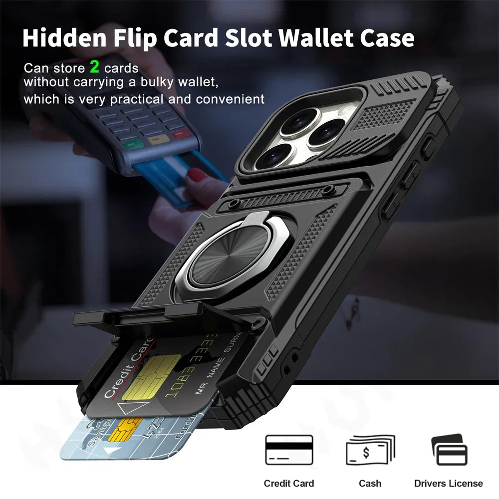 Heavy Duty Magnetic Rotated Ring Kickstand Wallet Cover for iPhone 16/15/14/13/12/11 pro Max XS XR 8 7 plus - Dual Layer Drop Protection Case