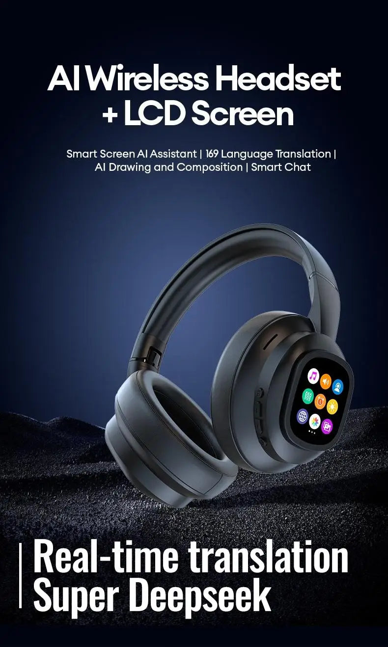 AI LCD Touch Screen Shock Bass Headsets HIFI Sound Wireless Bluetooth Headphones ANC Noise Reduction Gamer Earphones With HD Mic