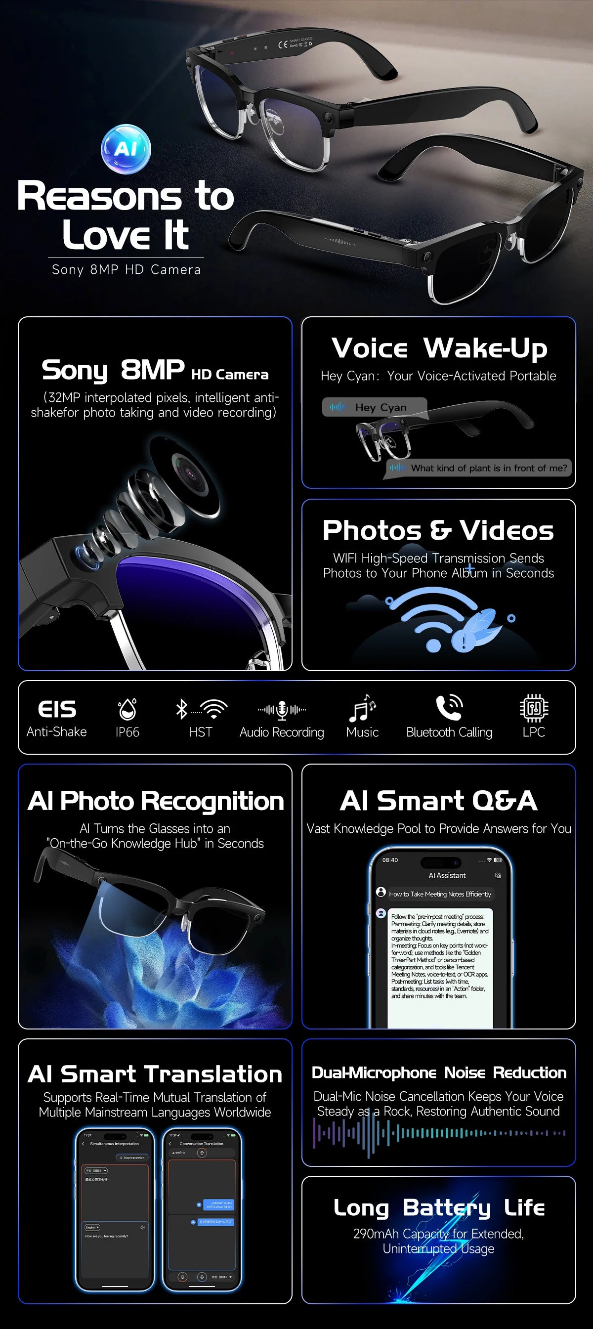 Smart Glasses With Camera Video Recording AI Photo Recognition Bluetooth Call Translation Voice Sunglasses Men