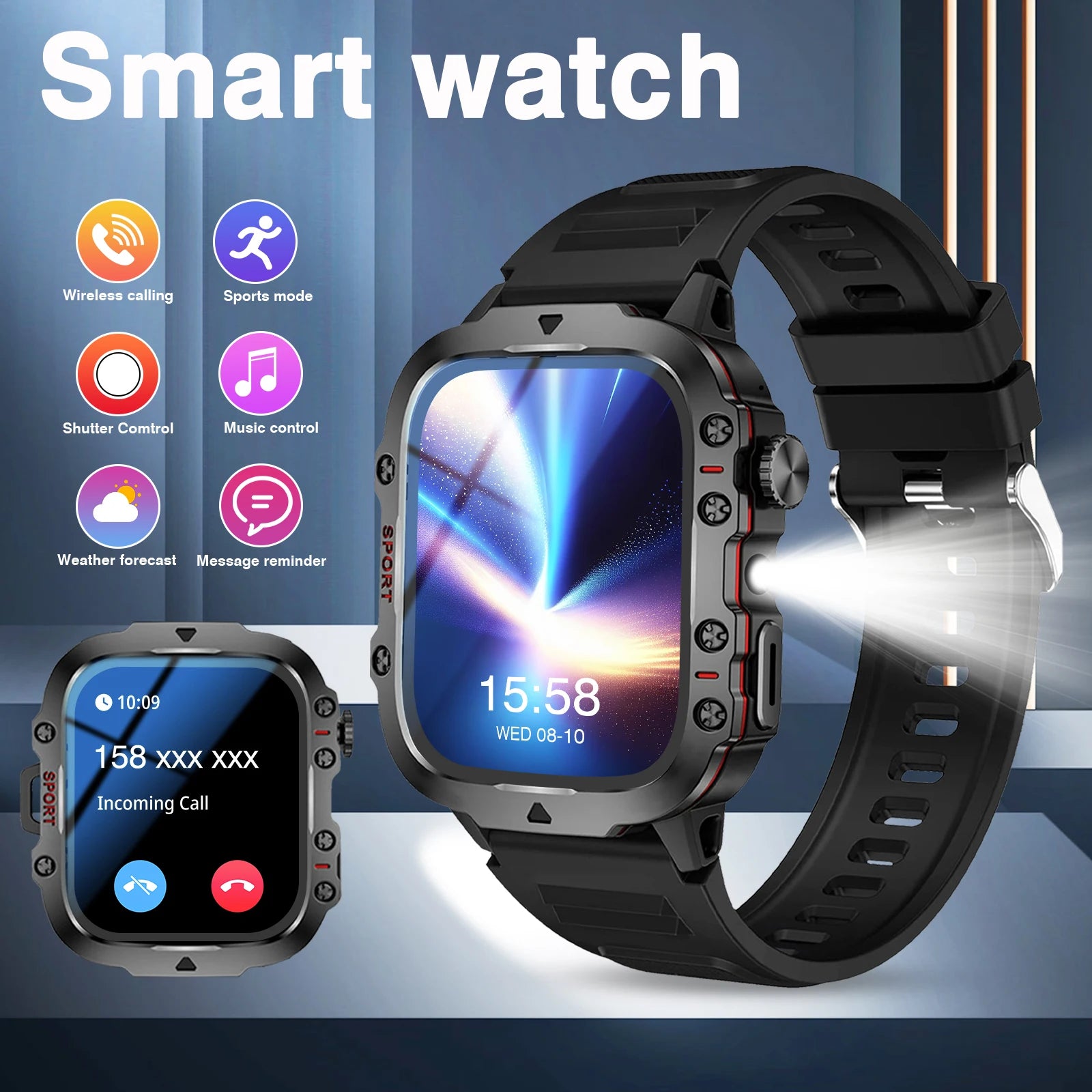 Men's Smart Watch with Wireless Calling, Dual Straps (Stainless Steel+Silicone), Step Counter Flashlight & Message Reminder