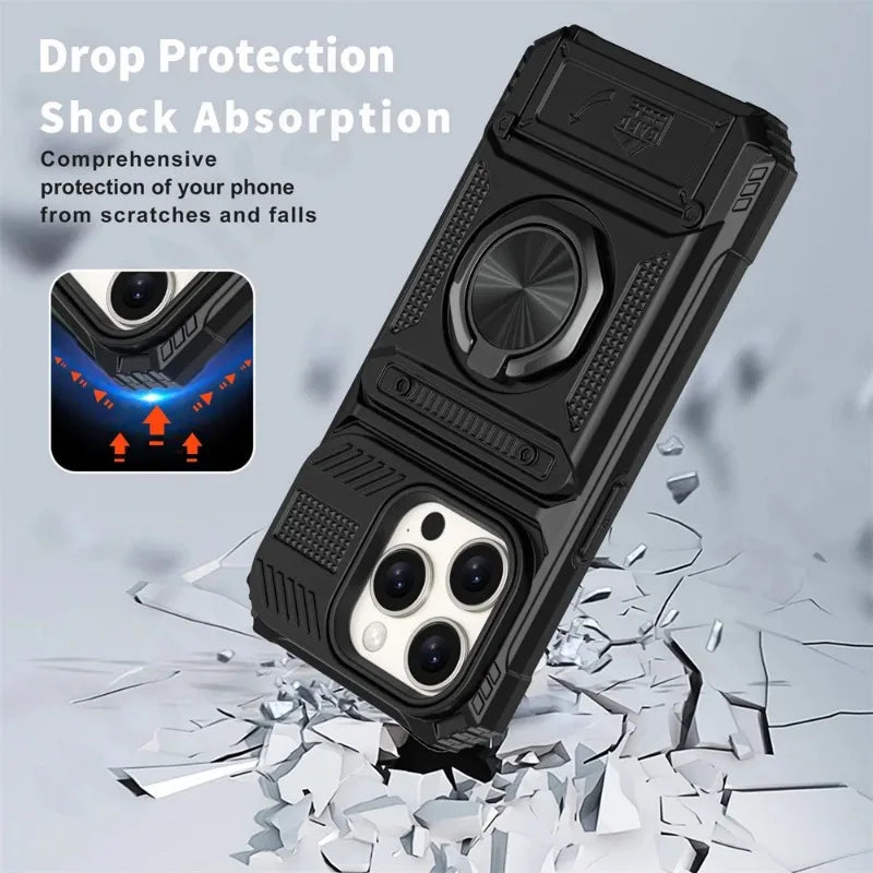 Heavy Duty Magnetic Rotated Ring Kickstand Wallet Cover for iPhone 16/15/14/13/12/11 pro Max XS XR 8 7 plus - Dual Layer Drop Protection Case