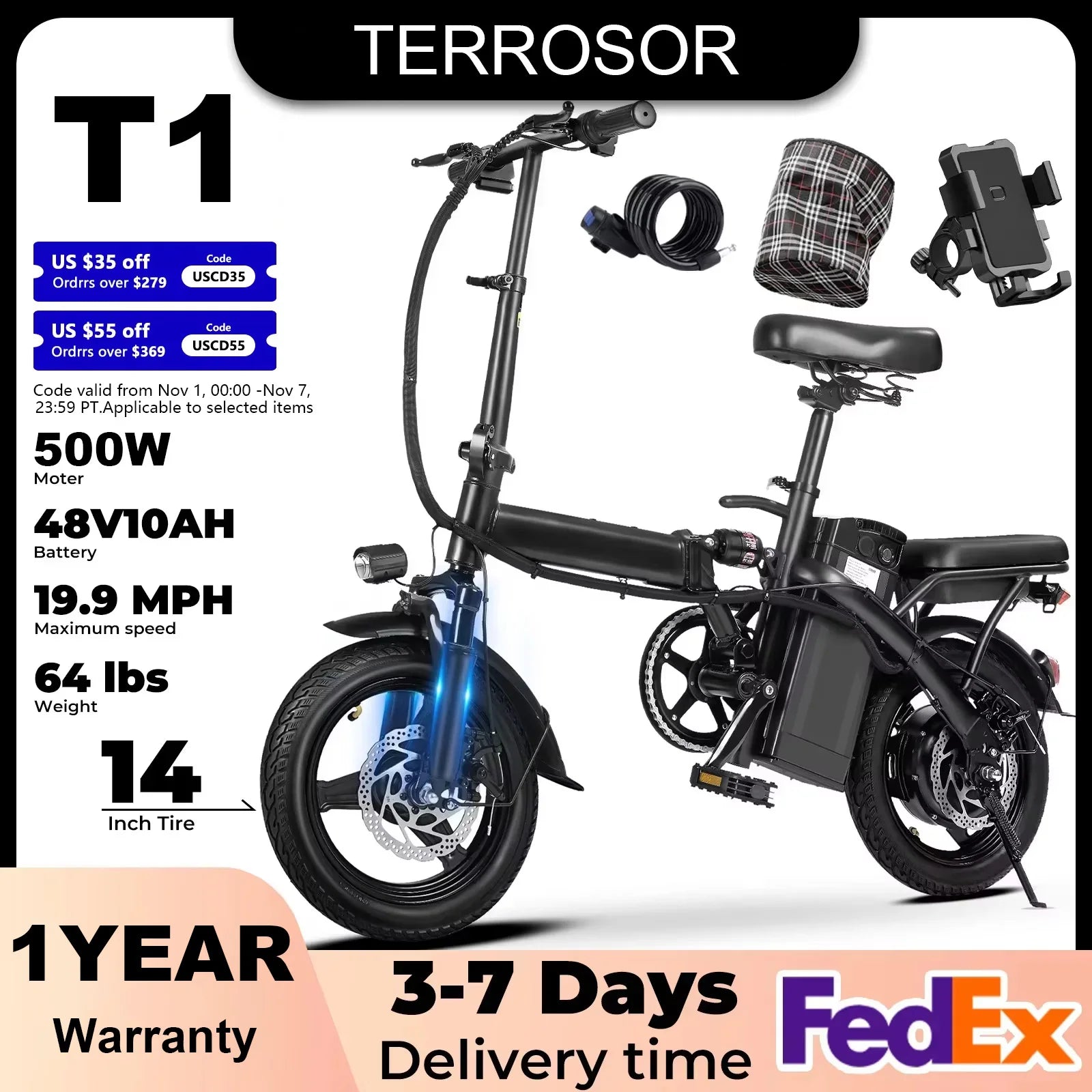 500W Dual Disc Brake Foldable Electric Bicycle 14 Inch 48V10.4Ah Battery 22 Miles Range 20MPH Max Speed with Seat And Basket 1Year Warranty