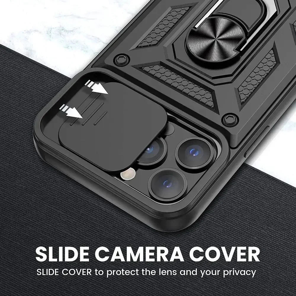 Shockproof Armor Case for iPhone pro Max plus with Slide Camera Lens Protection Matte Anti-Glare Non-Slip Cover for Models 11 to 16