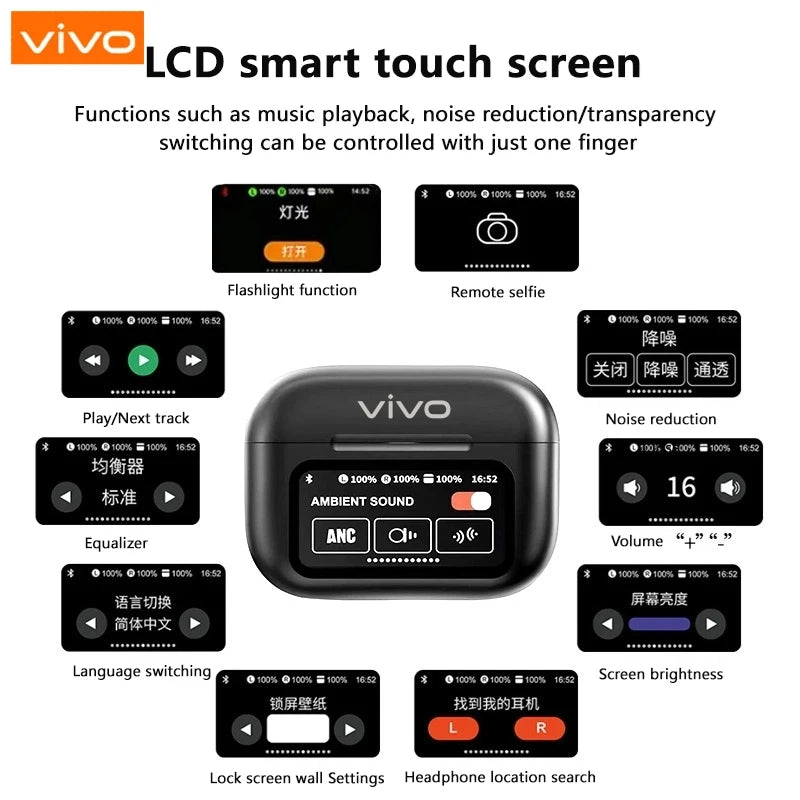 VIVO AI Wireless Bluetooth Earphones with Touch Screen 147 Language AI Translator 8 Hours Battery In-Ear Headphones with Mic