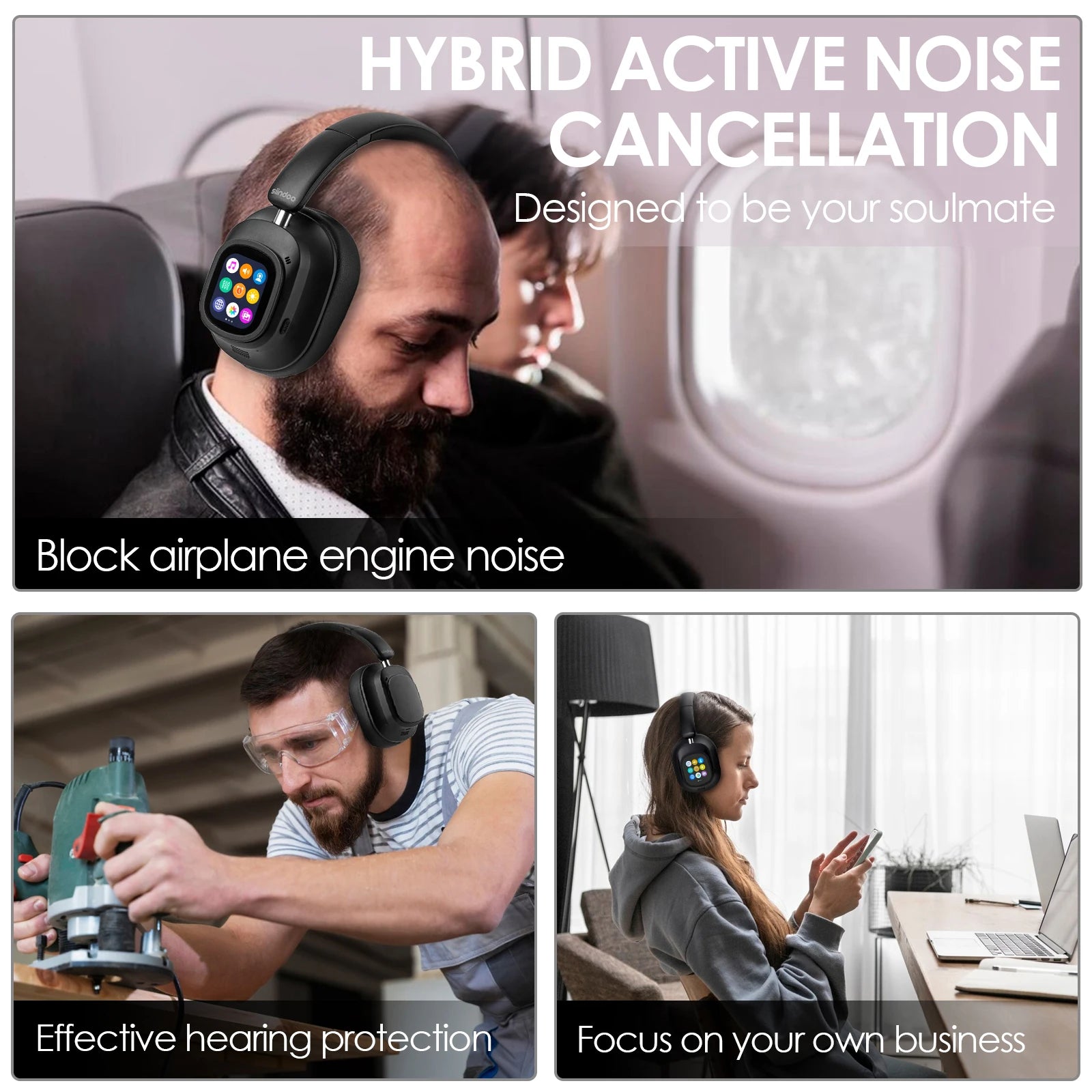 Active Noise Cancelling Headphones, Hybrid Wireless Headphone With Multi Magnetic Touch Control LED Screen