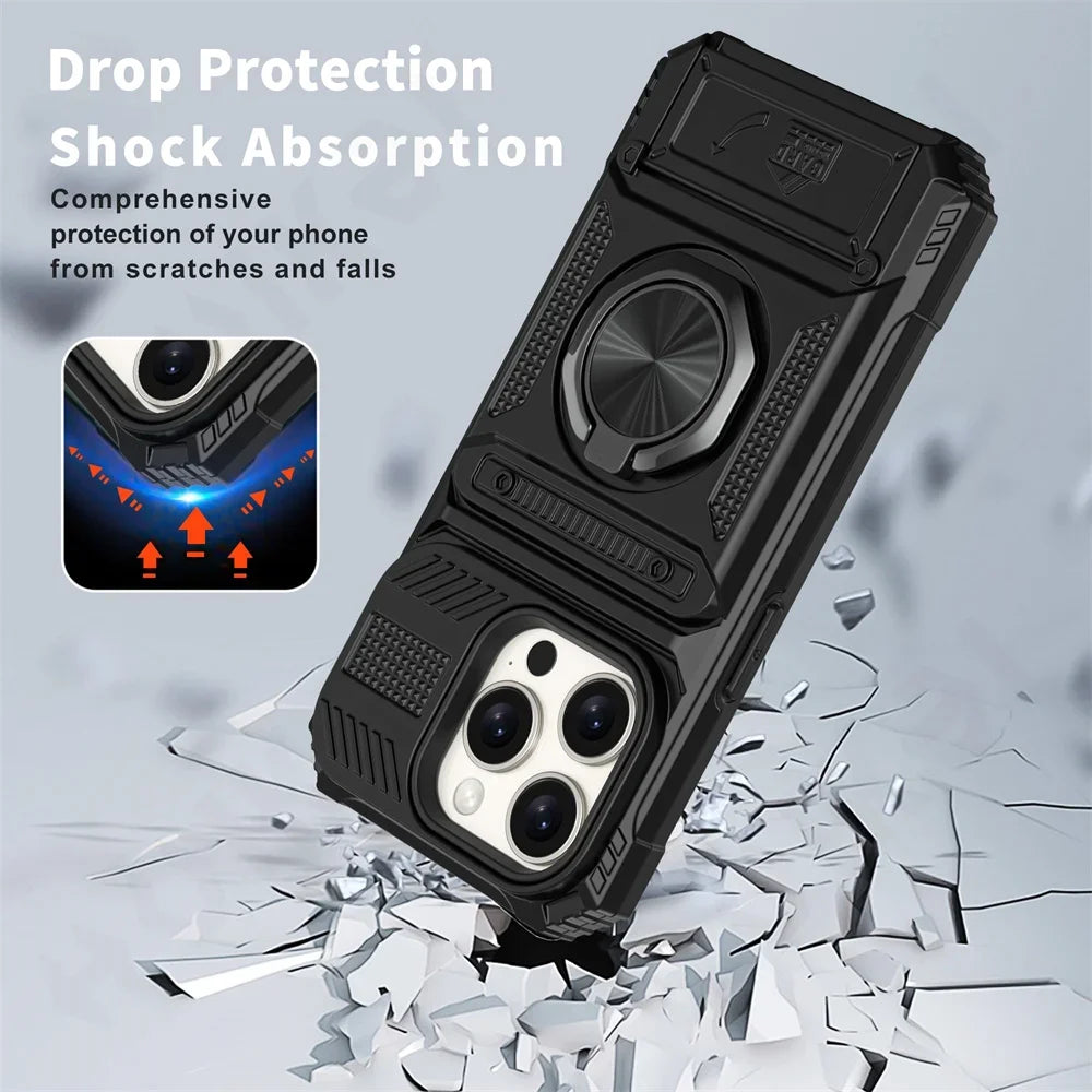 Heavy Duty Magnetic Rotated Ring Kickstand Wallet Cover for iPhone 16/15/14/13/12/11 pro Max XS XR 8 7 plus - Dual Layer Drop Protection Case