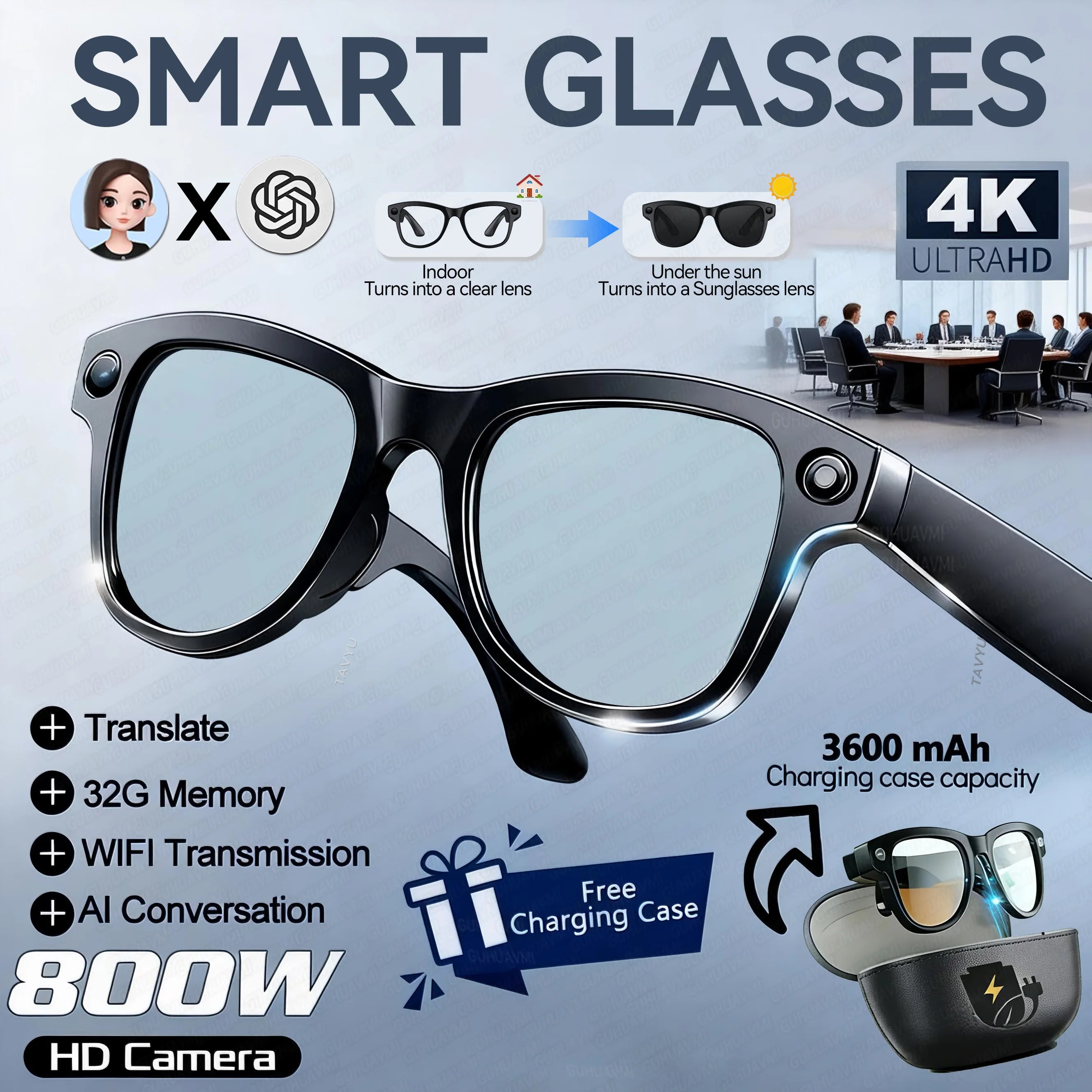 AI Glasses 1080P HD Camera M02 Ultra ChatGPT 3600mAh Charging Case Power Bank 32GB Translation Music Video Sunglasses