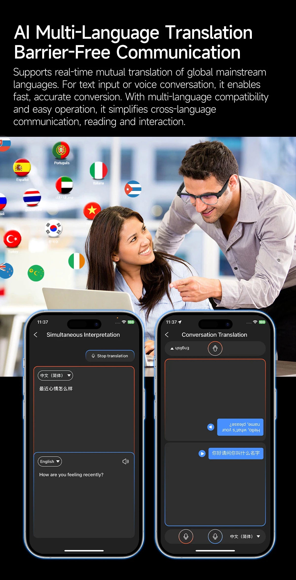 Smart Glasses With Camera Video Recording AI Photo Recognition Bluetooth Call Translation Voice Sunglasses Men