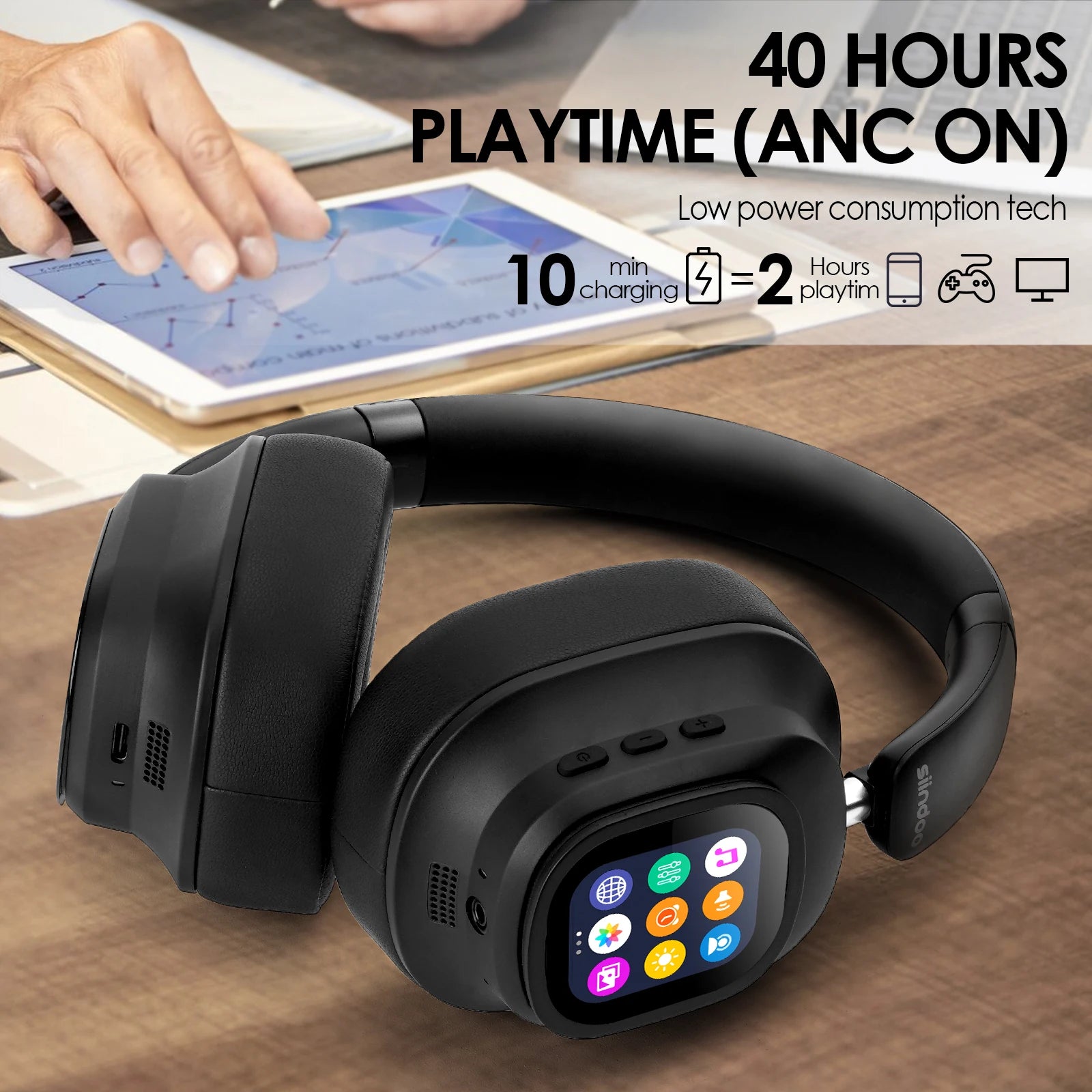 Active Noise Cancelling Headphones, Hybrid Wireless Headphone With Multi Magnetic Touch Control LED Screen