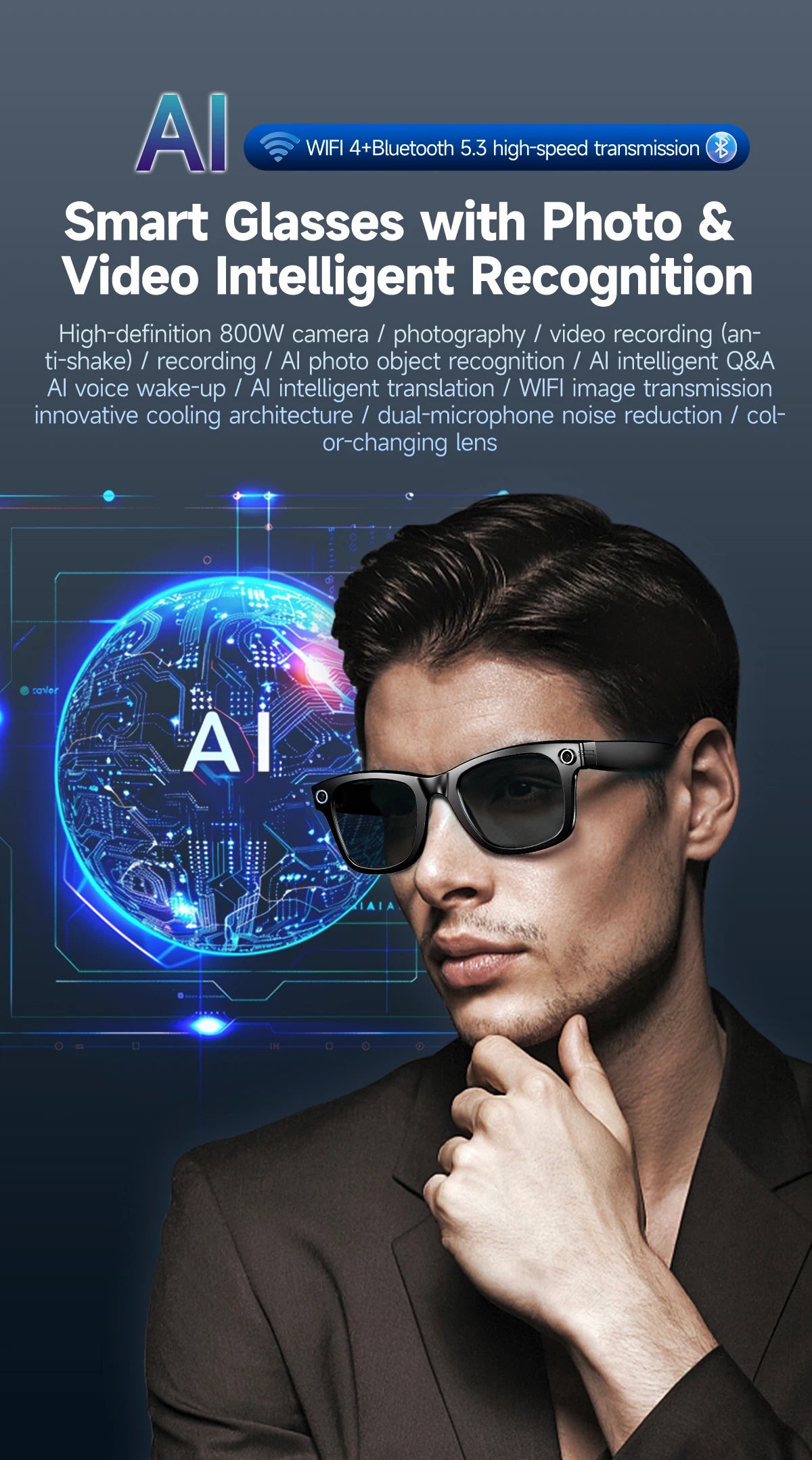AI for Meta Smart Glasses 8MP Camera Video Recording 100+ Languages Translation Sunglasses Bluetooth Call Music Play