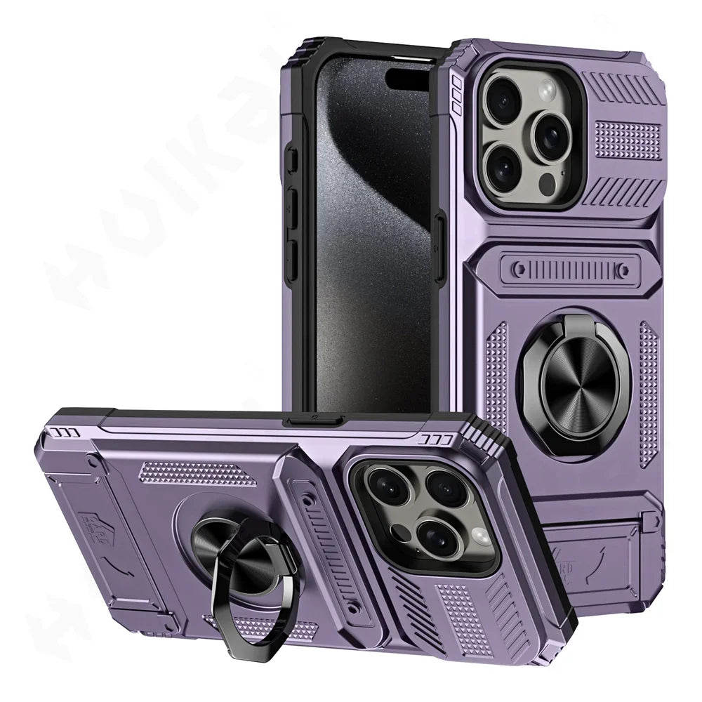Heavy Duty Magnetic Rotated Ring Kickstand Wallet Cover for iPhone 16/15/14/13/12/11 pro Max XS XR 8 7 plus - Dual Layer Drop Protection Case
