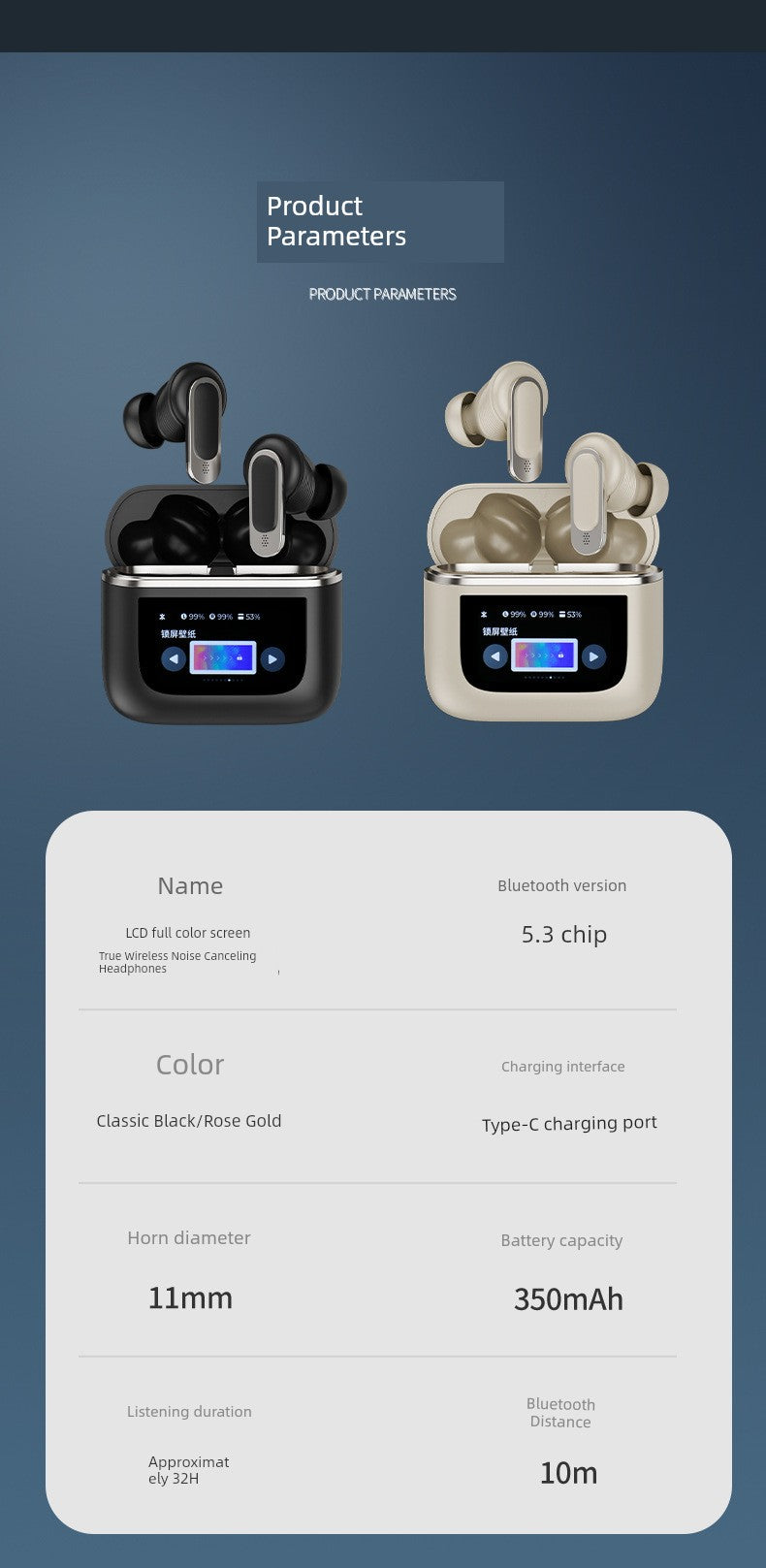 Smart Touch Screen Wireless Bluetooth Headset In-Ear Sports Business High Sound Quality Active Noise Reduction Long Battery Life