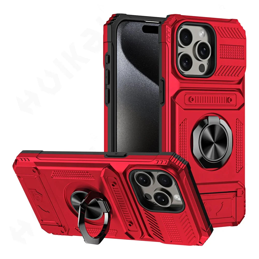Heavy Duty Magnetic Rotated Ring Kickstand Wallet Cover for iPhone 16/15/14/13/12/11 pro Max XS XR 8 7 plus - Dual Layer Drop Protection Case