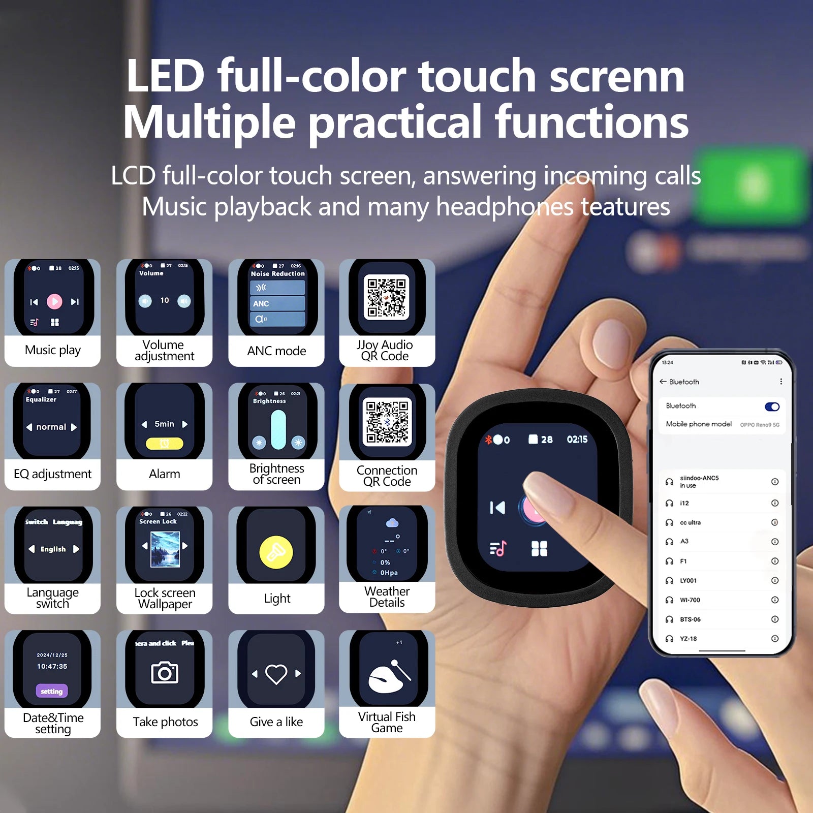 Active Noise Cancelling Headphones, Hybrid Wireless Headphone With Multi Magnetic Touch Control LED Screen