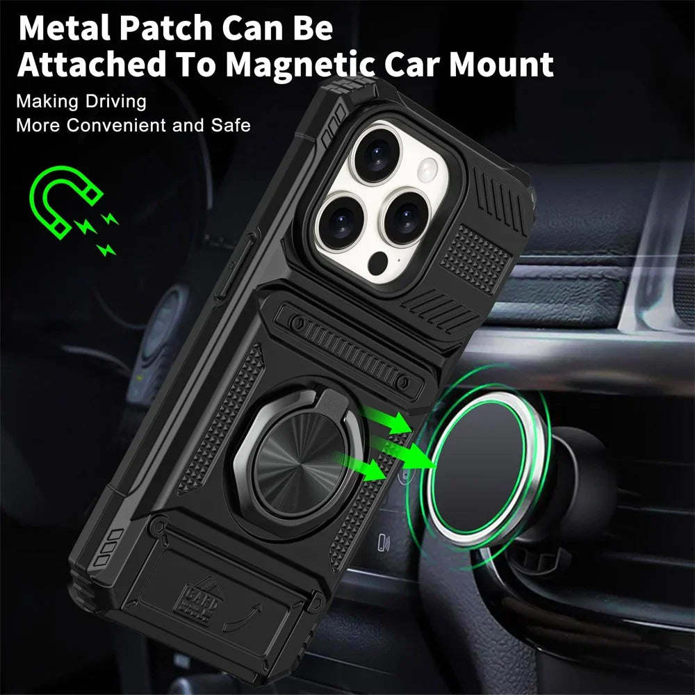 Heavy Duty Magnetic Rotated Ring Kickstand Wallet Cover for iPhone 16/15/14/13/12/11 pro Max XS XR 8 7 plus - Dual Layer Drop Protection Case