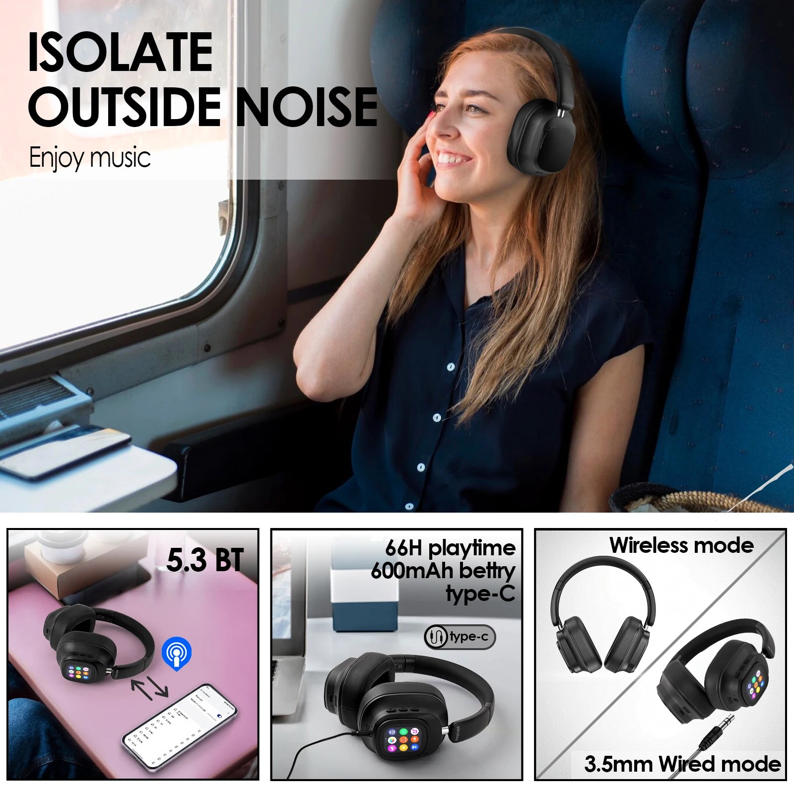 Active Noise Cancelling Headphones, Hybrid Wireless Headphone With Multi Magnetic Touch Control LED Screen