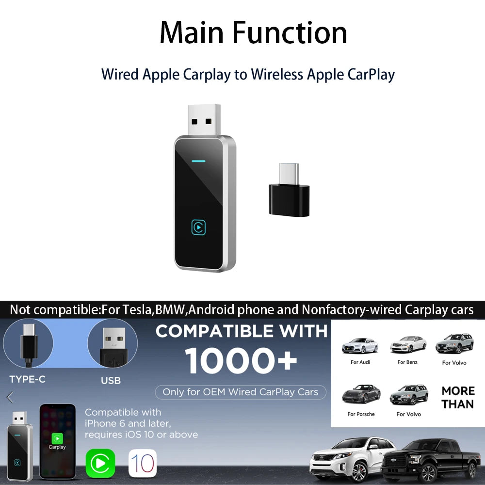 SKILLDRIVE Wireless CarPlay Adapter Wired to Wireless CarPlay for Volvo Benz Audi Hyundai VW Mazda Cadillac Wired CarPlay Car