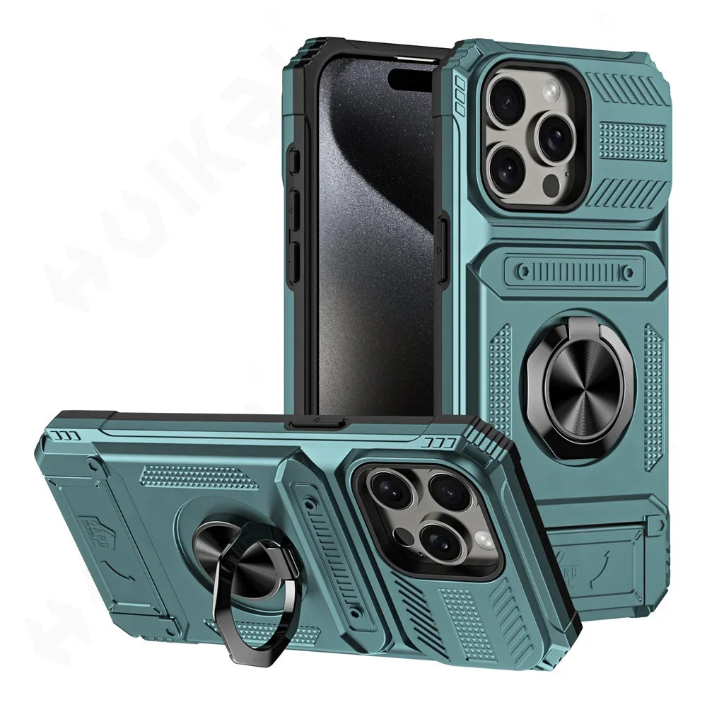 Heavy Duty Magnetic Rotated Ring Kickstand Wallet Cover for iPhone 16/15/14/13/12/11 pro Max XS XR 8 7 plus - Dual Layer Drop Protection Case