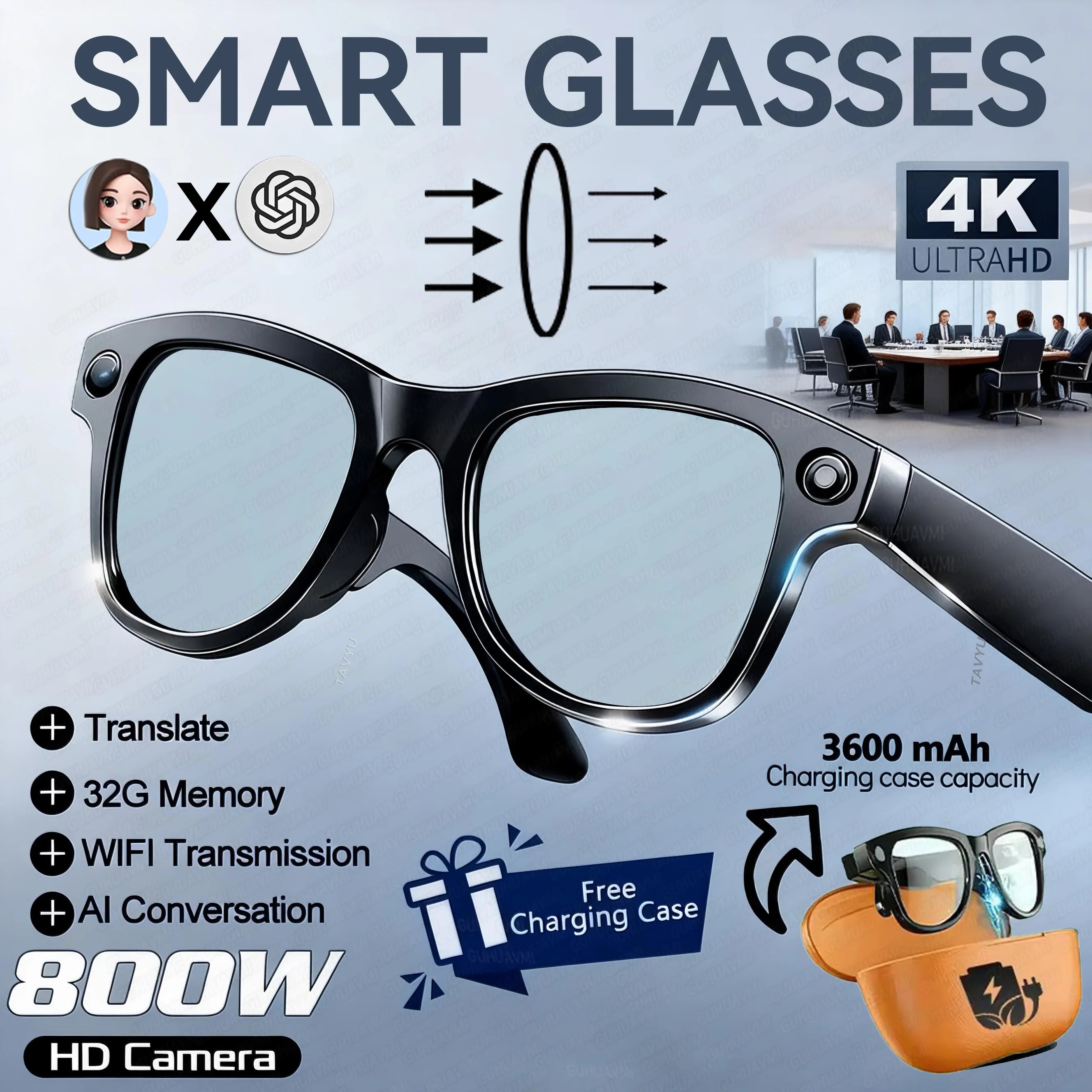 AI Glasses 1080P HD Camera M02 Ultra ChatGPT 3600mAh Charging Case Power Bank 32GB Translation Music Video Sunglasses