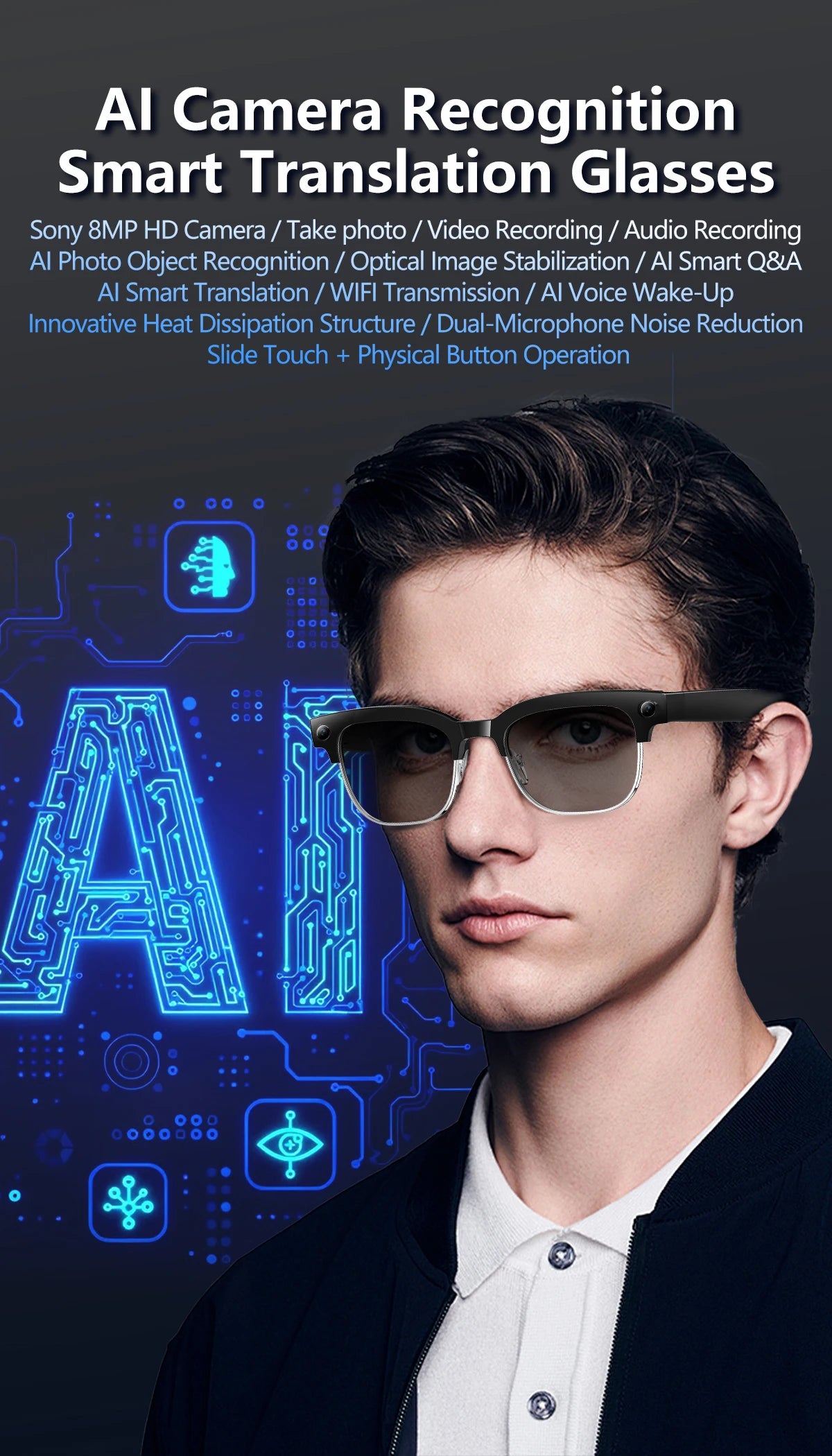 Smart Glasses With Camera Video Recording AI Photo Recognition Bluetooth Call Translation Voice Sunglasses Men