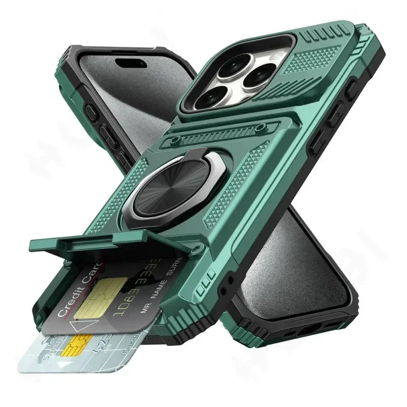 Heavy Duty Magnetic Rotated Ring Kickstand Wallet Cover for iPhone 16/15/14/13/12/11 pro Max XS XR 8 7 plus - Dual Layer Drop Protection Case