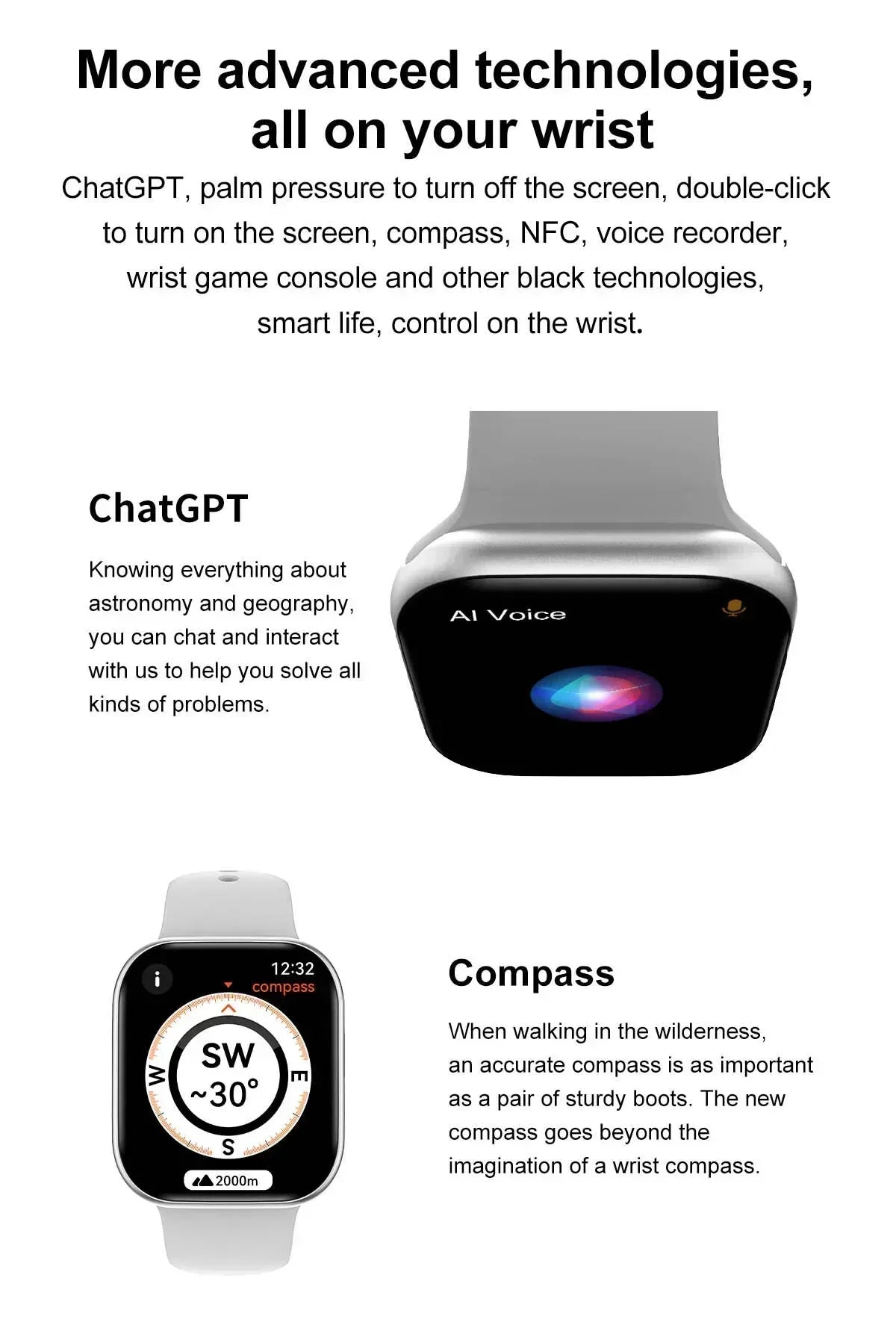 32GB Memory HD AMOLED Smart Watch with NFC Compass Bluetooth Call Waterproof for Men And Women Fitness Tracker with Music Control