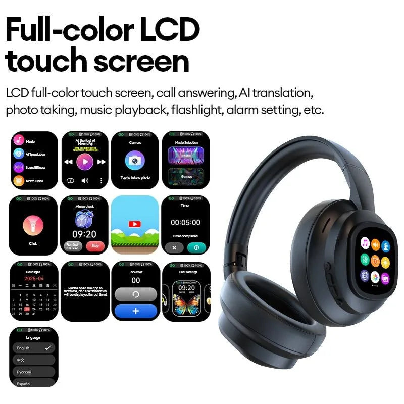 AI LCD Touch Screen Shock Bass Headsets HIFI Sound Wireless Bluetooth Headphones ANC Noise Reduction Gamer Earphones With HD Mic