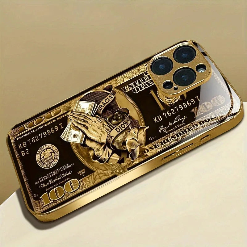 Creative Wealth Pattern Gold Metallic Paint Glass Phone Case For iPhone 17 16 15 14 13 12 11 Pro Max 15 14 Plus 17 Air 16E Cover