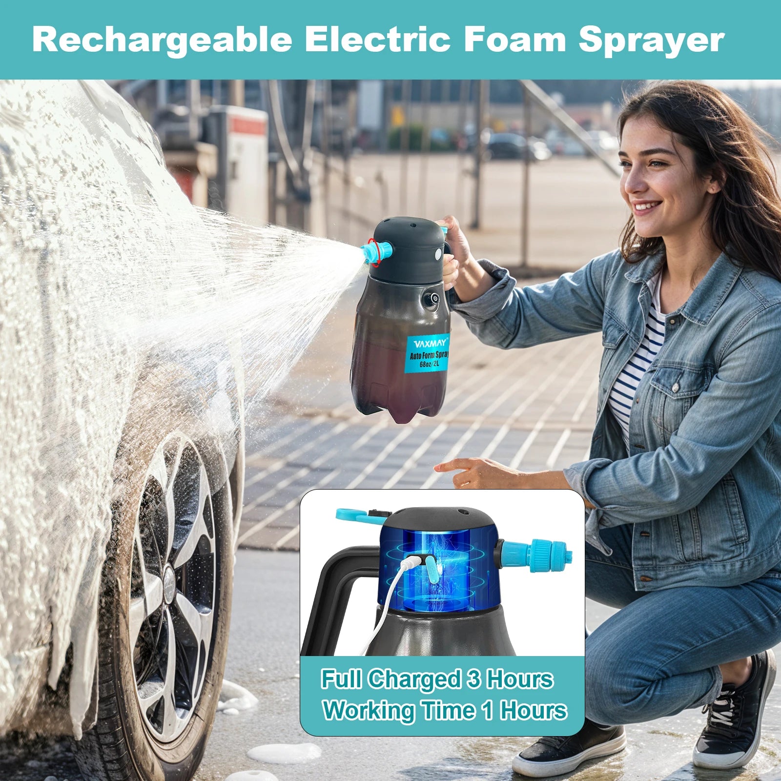 2L Electric Foam Sprayer 60PSI Powerful Battery Powered Car Foam Sprayer Rechargeable Car Wash Cordless Foaming Spray