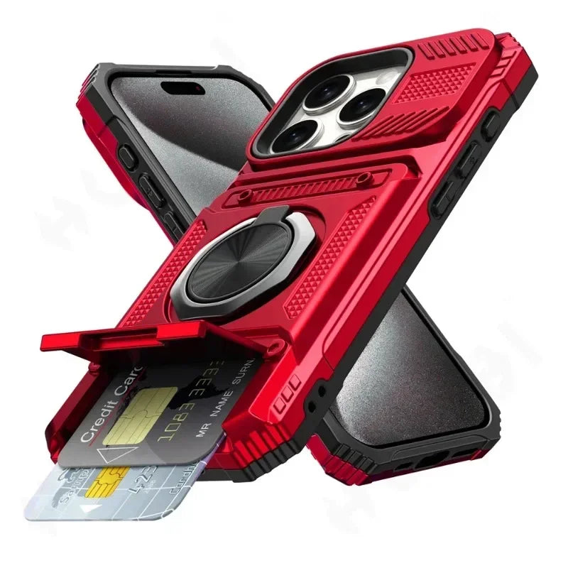 Heavy Duty Magnetic Rotated Ring Kickstand Wallet Cover for iPhone 16/15/14/13/12/11 pro Max XS XR 8 7 plus - Dual Layer Drop Protection Case