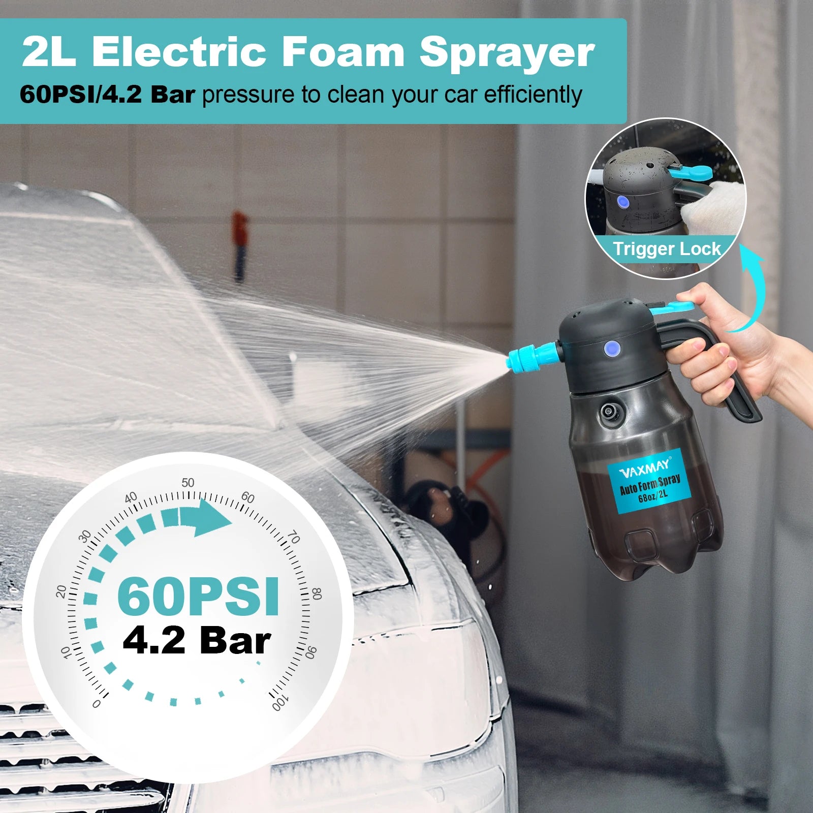 2L Electric Foam Sprayer 60PSI Powerful Battery Powered Car Foam Sprayer Rechargeable Car Wash Cordless Foaming Spray