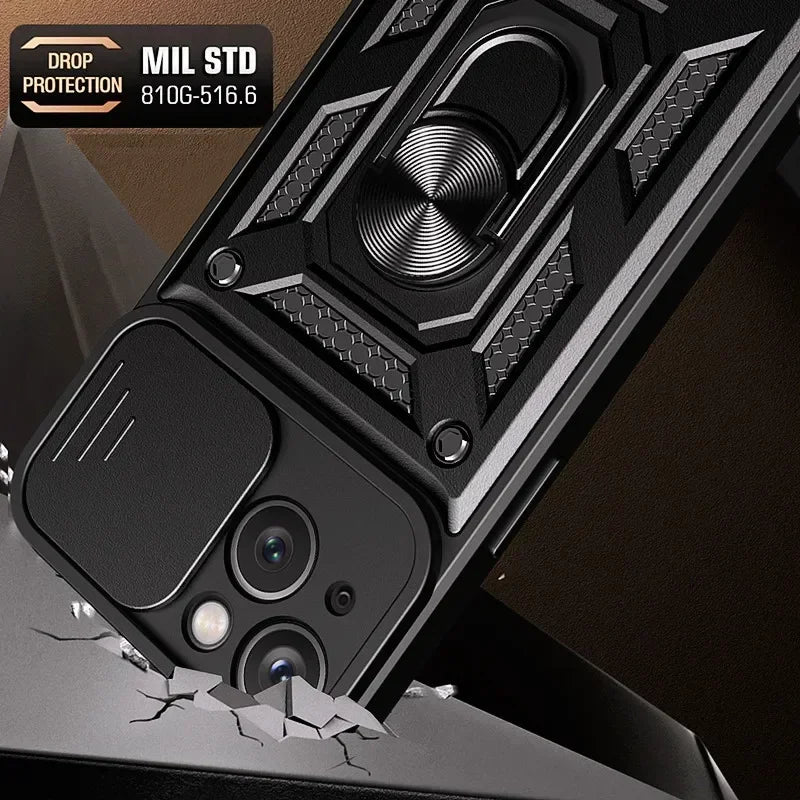 Shockproof Armor Case for iPhone pro Max plus with Slide Camera Lens Protection Matte Anti-Glare Non-Slip Cover for Models 11 to 16