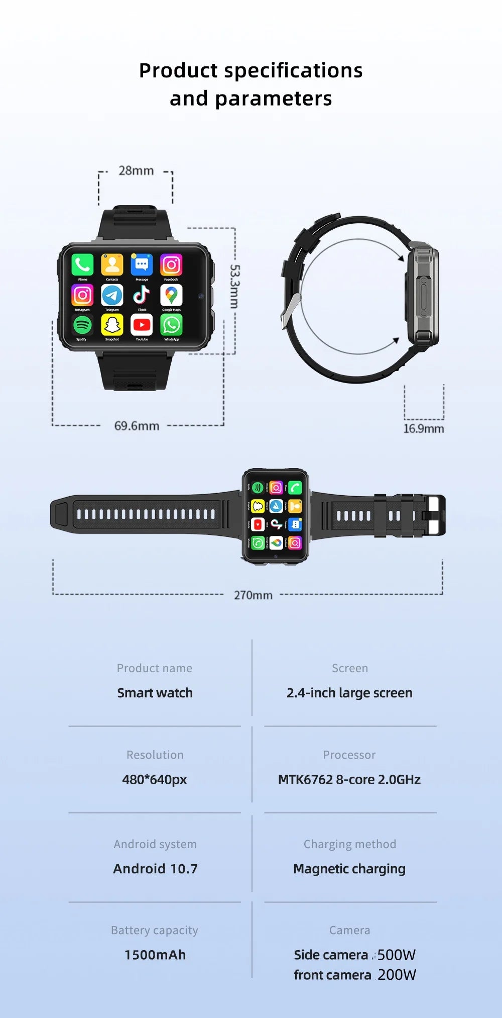 VP999 Ultra Large Screen Smart Watch 4G Dual Camera 64GB Face Recognition Unlock 1400mAh Maps 2.4 inch Touch Screen Smartwatch