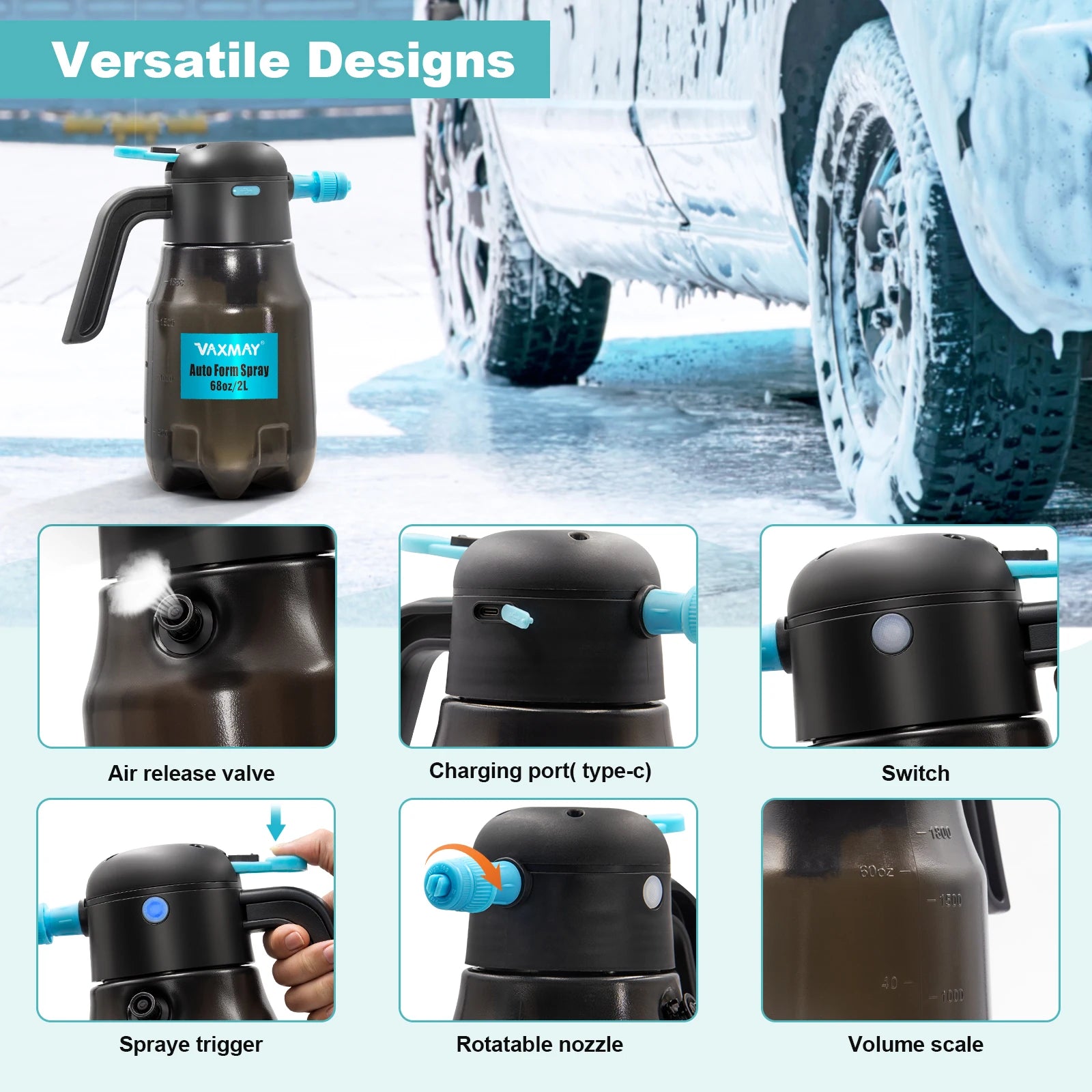 2L Electric Foam Sprayer 60PSI Powerful Battery Powered Car Foam Sprayer Rechargeable Car Wash Cordless Foaming Spray