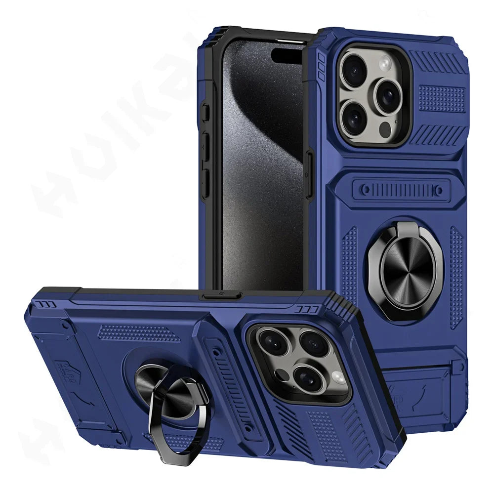 Heavy Duty Magnetic Rotated Ring Kickstand Wallet Cover for iPhone 16/15/14/13/12/11 pro Max XS XR 8 7 plus - Dual Layer Drop Protection Case