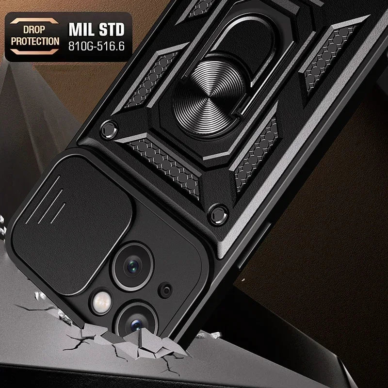 Shockproof Armor Case for iPhone pro Max plus with Slide Camera Lens Protection Matte Anti-Glare Non-Slip Cover for Models 11 to 16