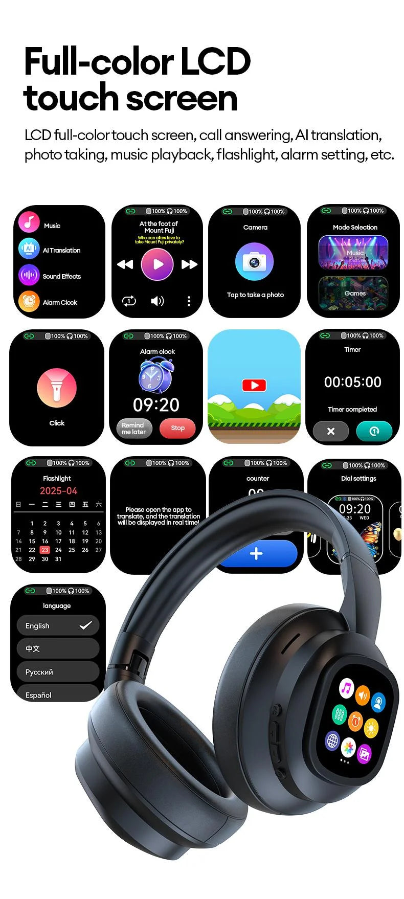 AI LCD Touch Screen Shock Bass Headsets HIFI Sound Wireless Bluetooth Headphones ANC Noise Reduction Gamer Earphones With HD Mic