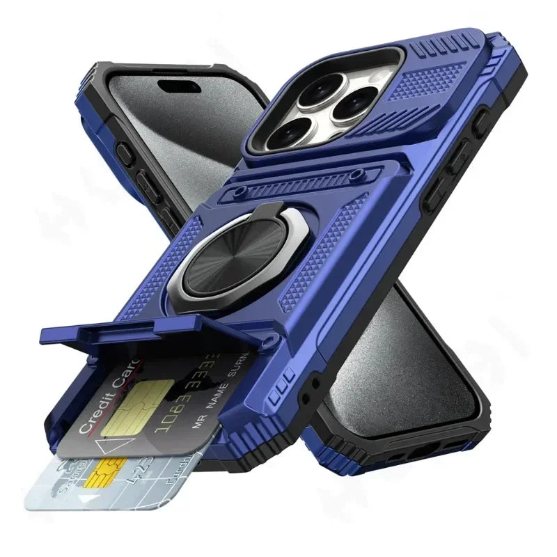 Heavy Duty Magnetic Rotated Ring Kickstand Wallet Cover for iPhone 16/15/14/13/12/11 pro Max XS XR 8 7 plus - Dual Layer Drop Protection Case