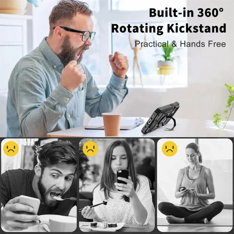 Heavy Duty Magnetic Rotated Ring Kickstand Wallet Cover for iPhone 16/15/14/13/12/11 pro Max XS XR 8 7 plus - Dual Layer Drop Protection Case