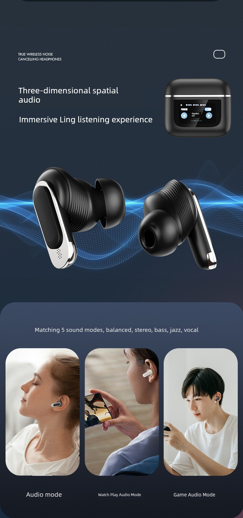 Smart Touch Screen Wireless Bluetooth Headset In-Ear Sports Business High Sound Quality Active Noise Reduction Long Battery Life