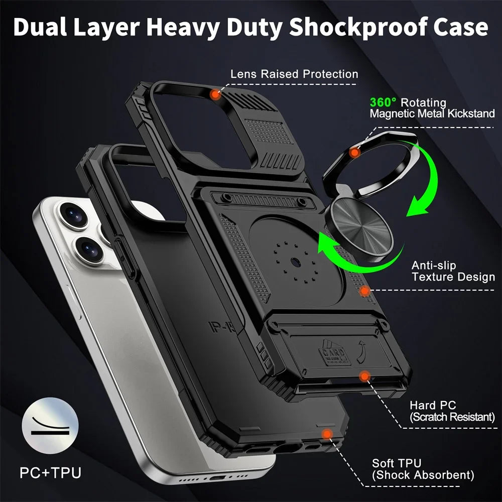 Heavy Duty Magnetic Rotated Ring Kickstand Wallet Cover for iPhone 16/15/14/13/12/11 pro Max XS XR 8 7 plus - Dual Layer Drop Protection Case