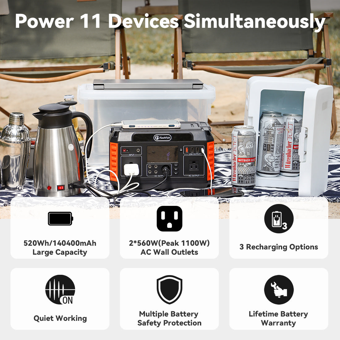 Flashfish 560W Portable Power Station; 520Wh/140400mAh Solar Generator Backup Power with 2x110V/560W AC Outlets; 5xDC Output and 4xUSB Outputs; Lithium Battery pack Lithium Battery Pack