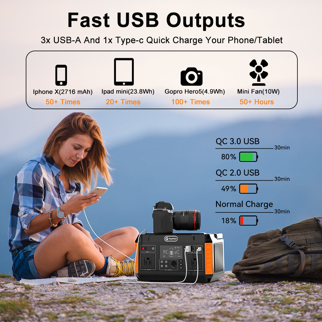 Flashfish 560W Portable Power Station; 520Wh/140400mAh Solar Generator Backup Power with 2x110V/560W AC Outlets; 5xDC Output and 4xUSB Outputs; Lithium Battery pack Lithium Battery Pack